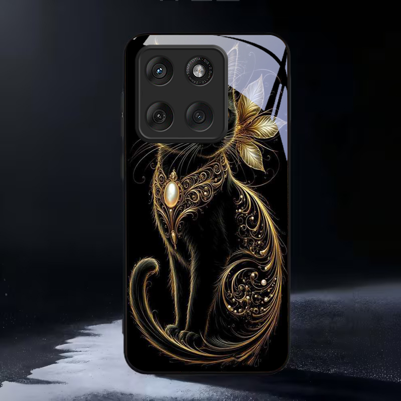 Phone Cases Cat - ミスティックゴールデンパールキャットブラックガラス製携帯電話ケース モトローラ モトエッジ 60 70 20