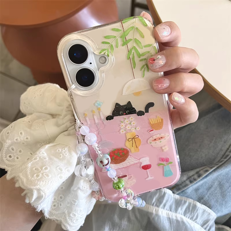 Phone Cases Cool Girl - インスタ映え可愛いダイニングテーブルと小さな黒猫の漫画風スマホケース iPhone 17 16 15 14