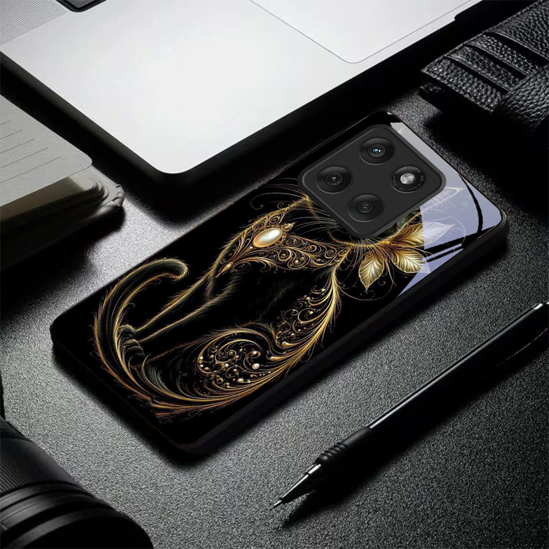 ミスティックゴールデンパールキャットブラックガラス製携帯電話 - Phone Cases Cat のレビューと価格