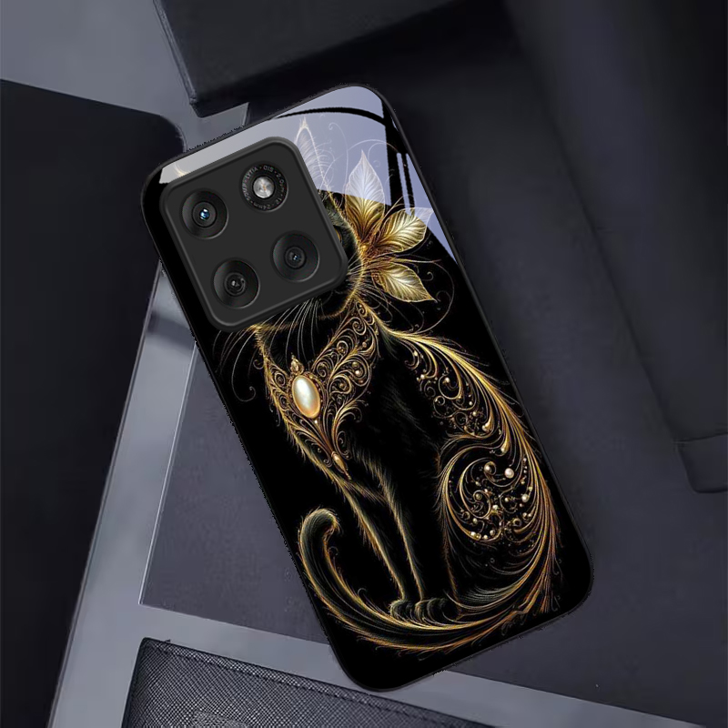 ミスティックゴールデンパールキャットブラックガラス製携帯電話 - Phone Cases Cat のレビューと価格