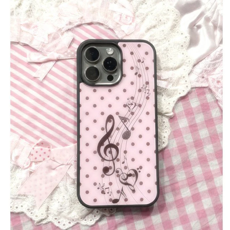 韓国風ピンクブラウン水玉模様ガールハート音符柄スマホケース  - Phone Cases Cool Girl のレビューと価格